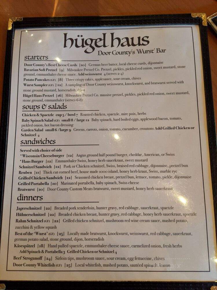 Hugel Haus - Ellison Bay, WI menu_pic