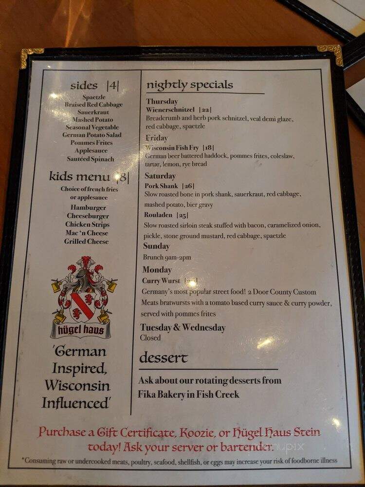 Hugel Haus - Ellison Bay, WI menu_pic