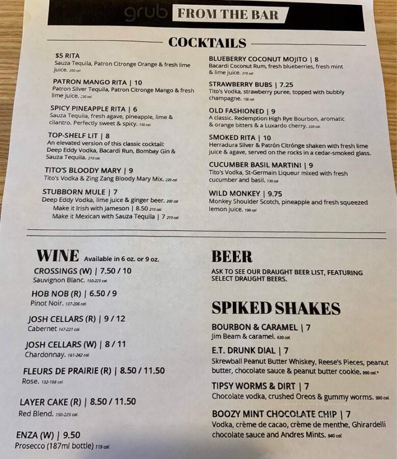 Grub Burger Bar and Kitchen - Odessa, TX menu_pic