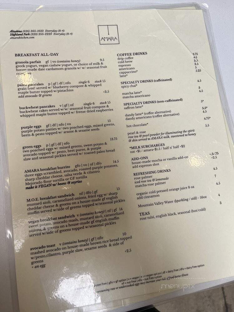 Amara Kitchen - Altadena, CA menu_pic