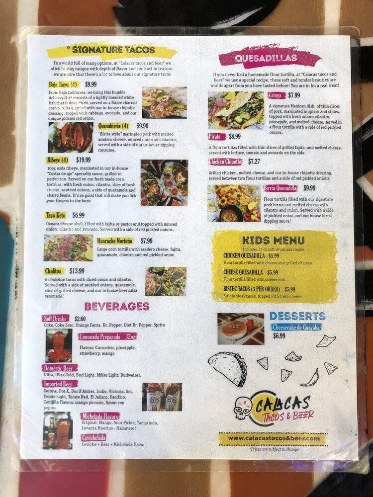 Calacas Tacos & Beer - Brownsville, TX menu_pic