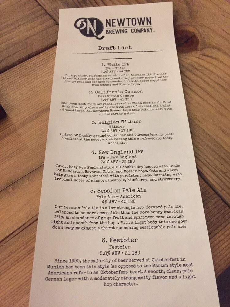 Newtown Brewing - Newtown, PA menu_pic