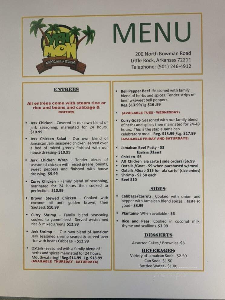 Yeh Mon - Little Rock, AR menu_pic