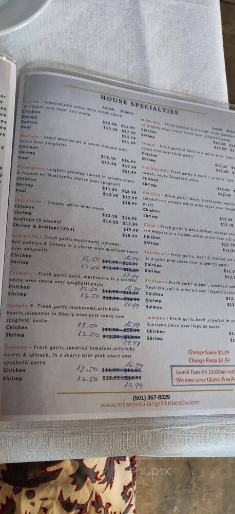 Milano's Italian Grill - Little Rock, AR menu_pic