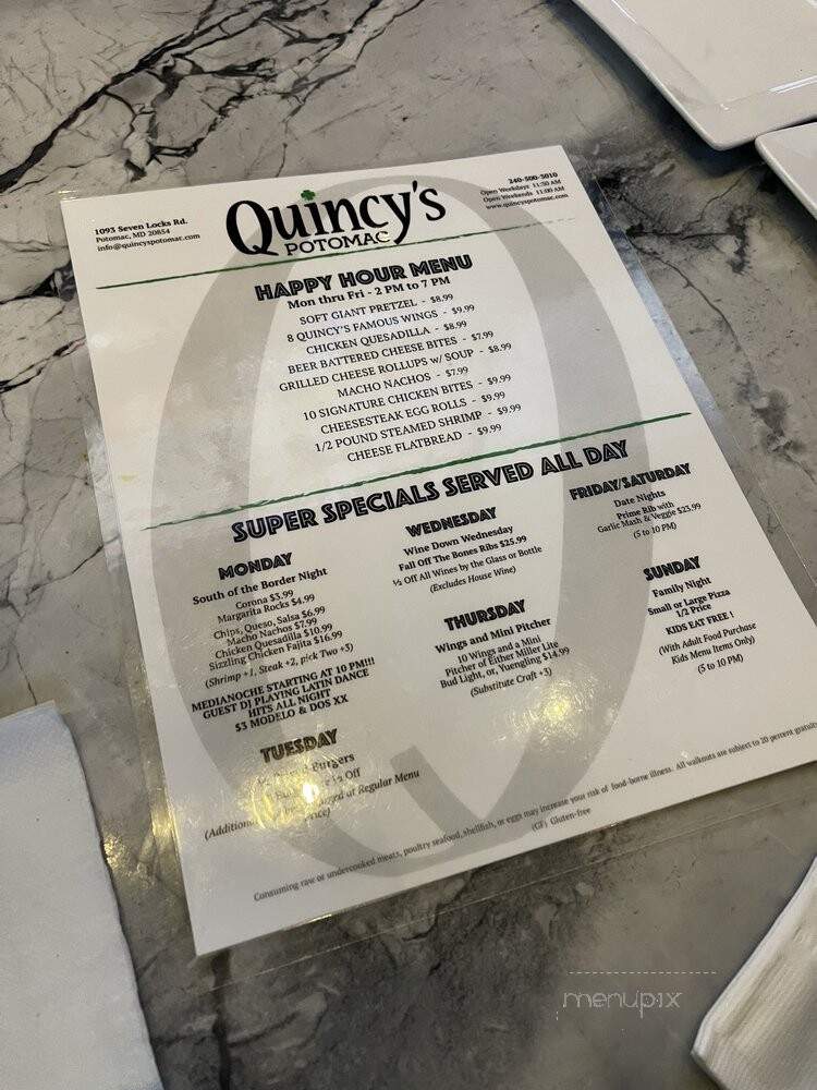 Quincy's Potomac Bar & Grille - Potomac, MD menu_pic