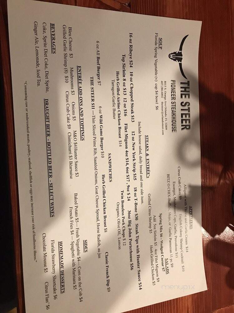 The Steer Pioneer Steakhouse - Orlando, FL menu_pic