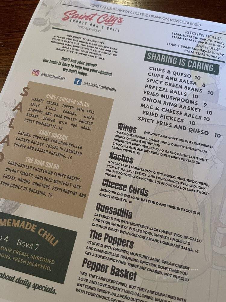 Saint City's Sports Bar & Grill - Branson, MO menu_pic