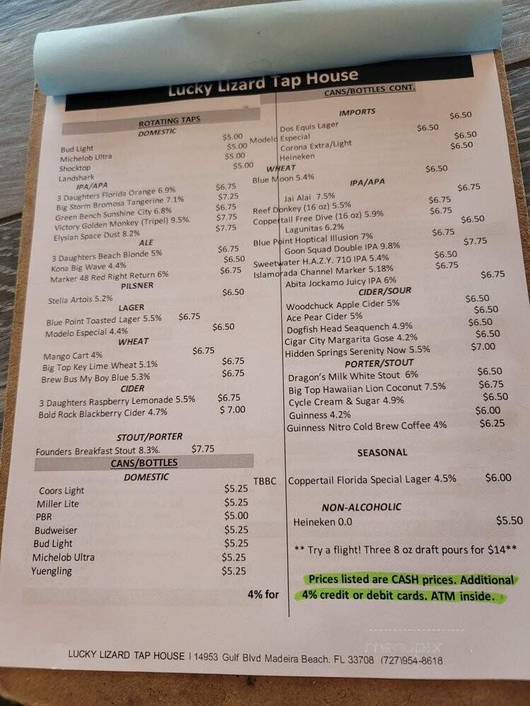Lucky Lizard Tap House - Madeira Beach, FL menu_pic