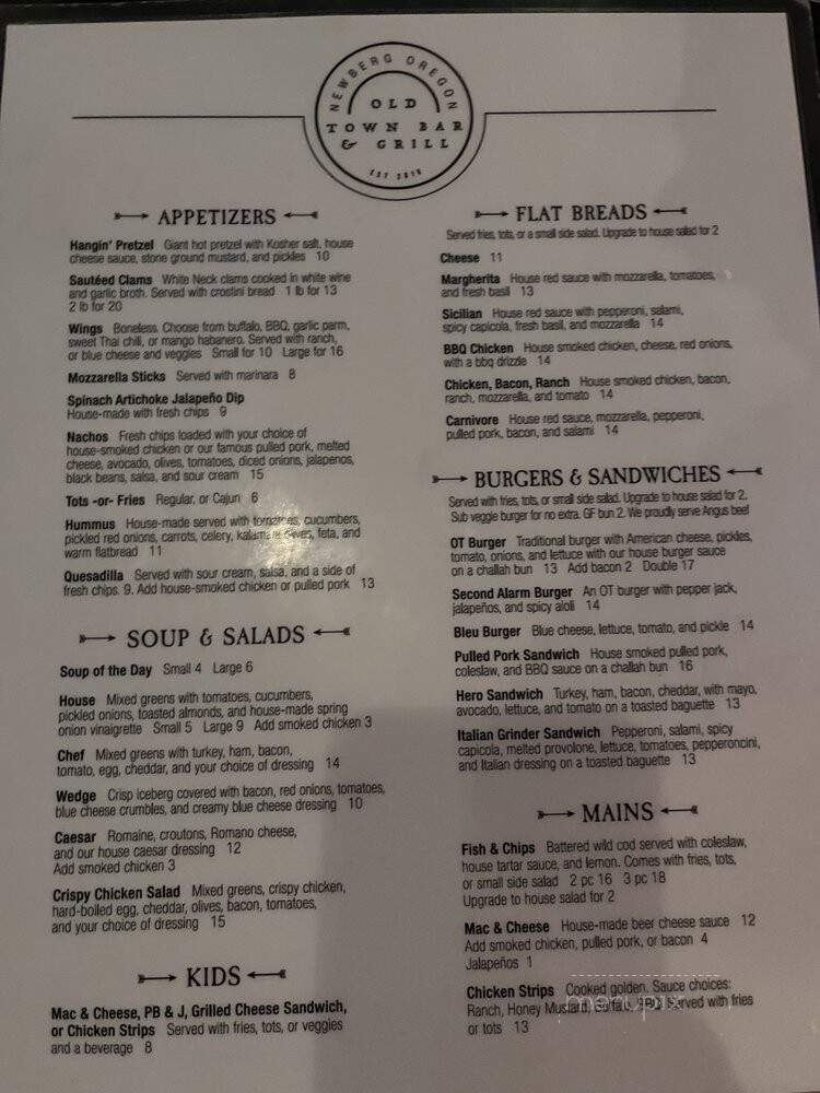 Old Town Bar & Grill - Newberg, OR menu_pic