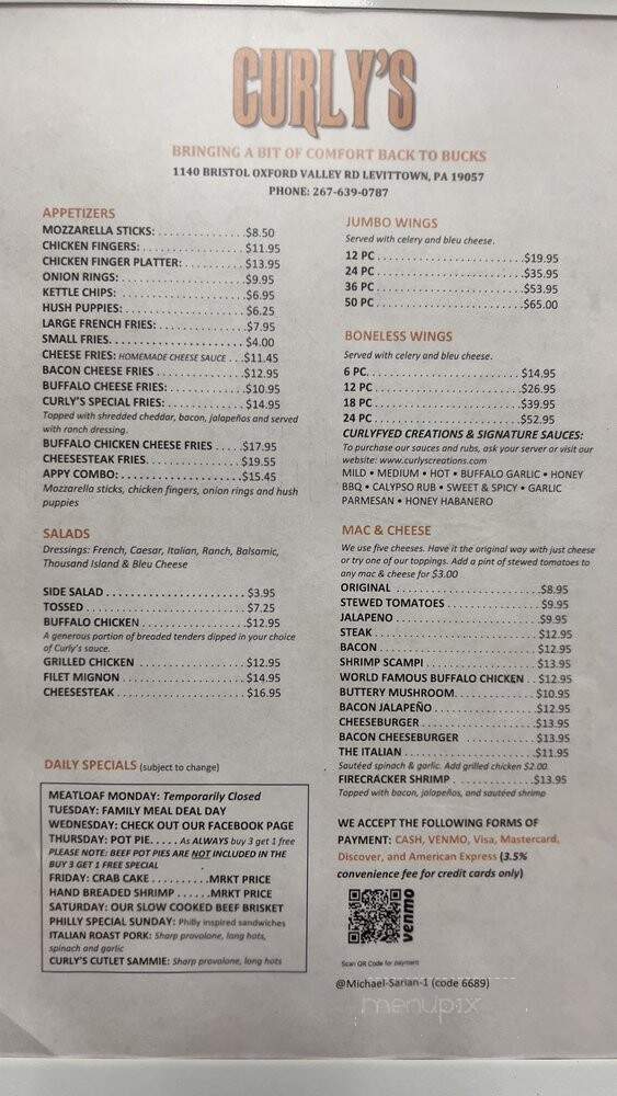 Curly's Comfort Food - Levittown, PA menu_pic