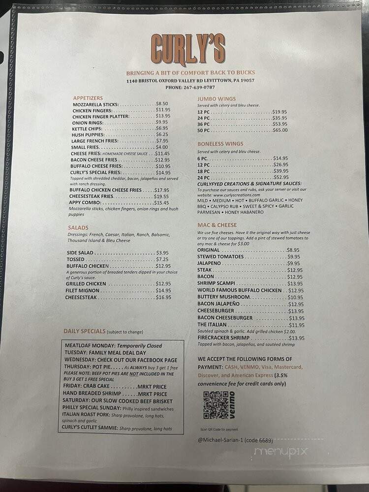 Curly's Comfort Food - Levittown, PA menu_pic