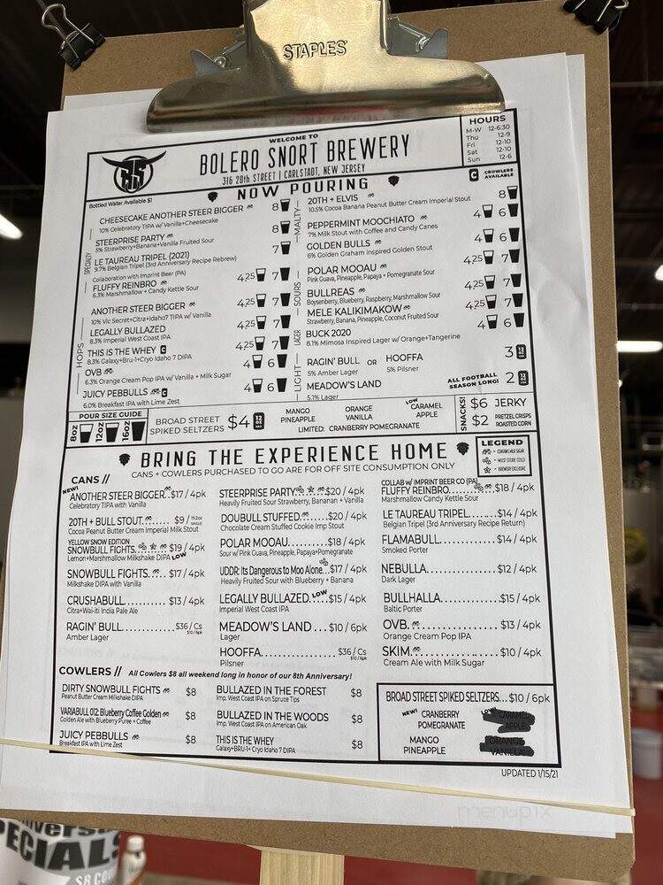 Bolero Snort Brewery and Tasting Room - Carlstadt, NJ menu_pic