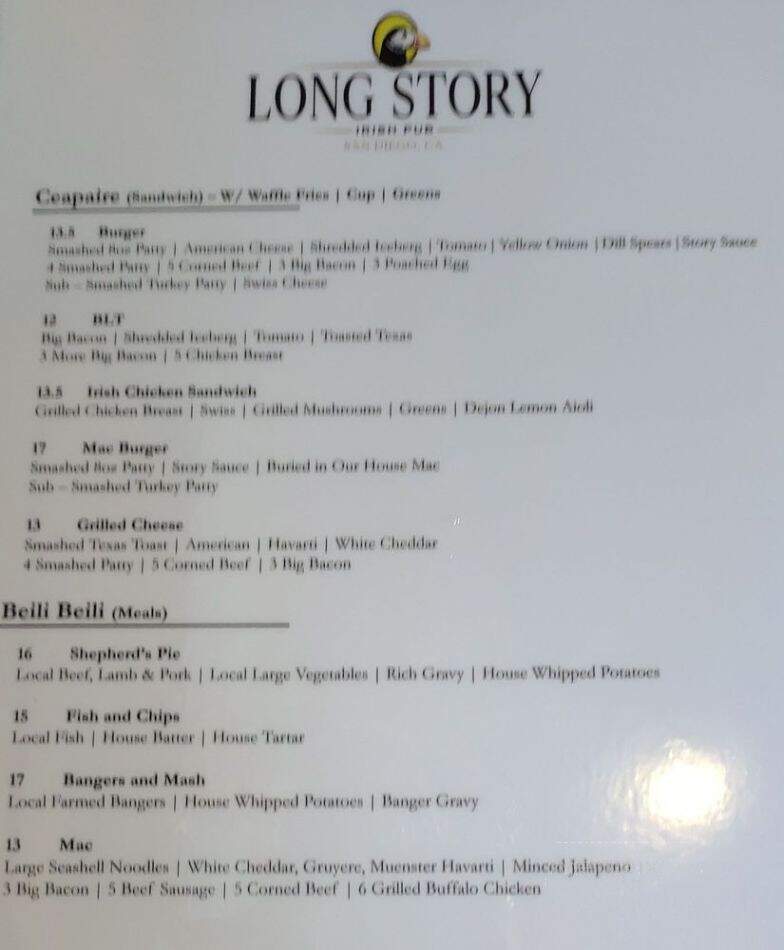 Long Story Irish Pub - San Diego, CA menu_pic