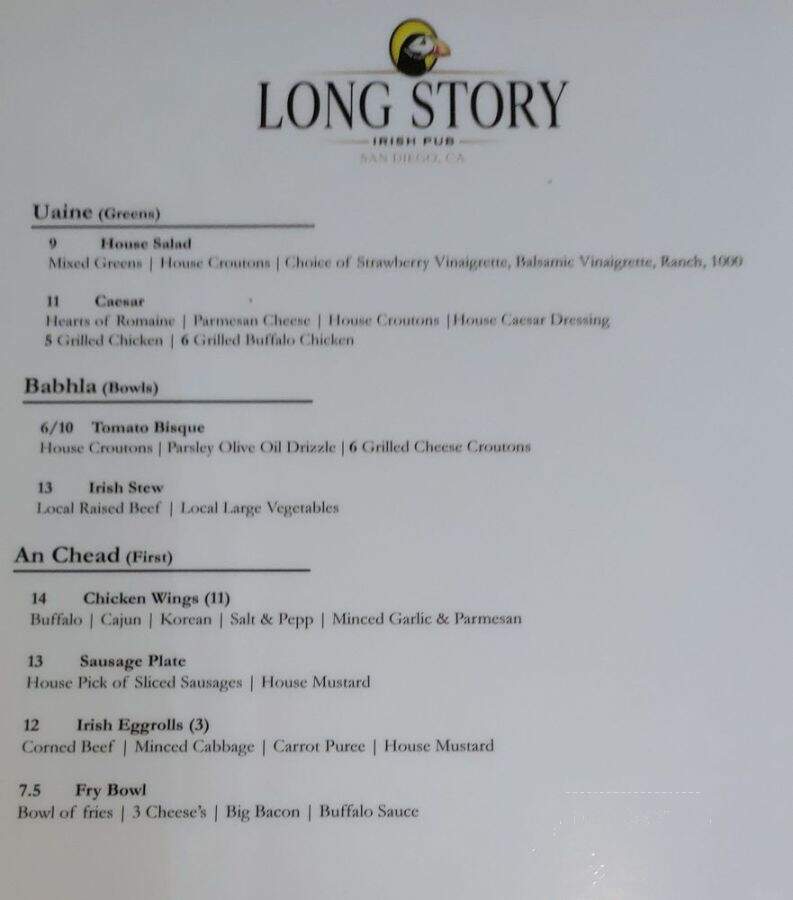 Long Story Irish Pub - San Diego, CA menu_pic