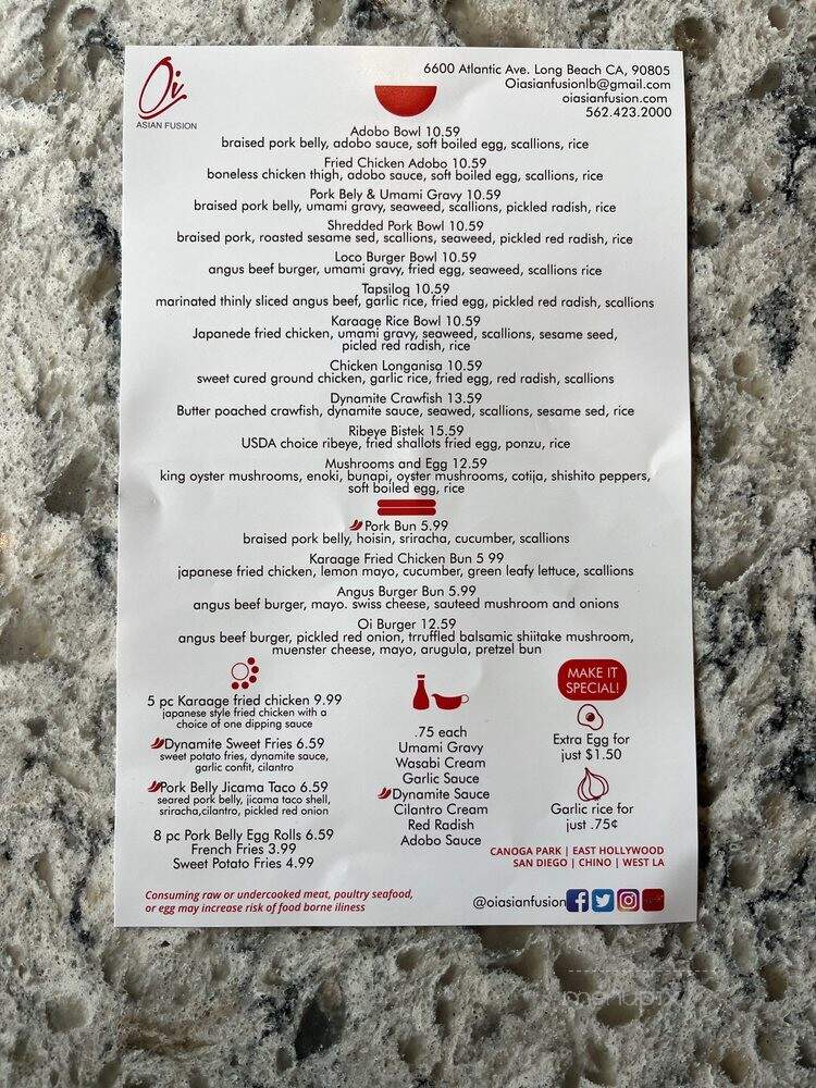 Oi Asian Fusion - Long Beach, CA menu_pic