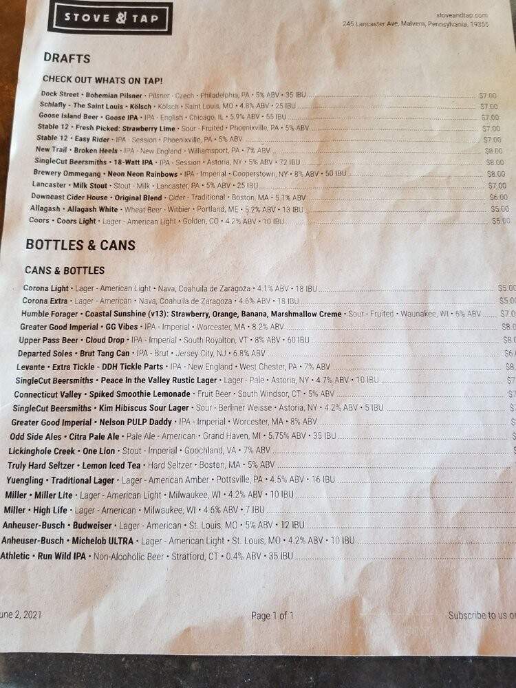 Stove and Tap - Malvern, PA menu_pic