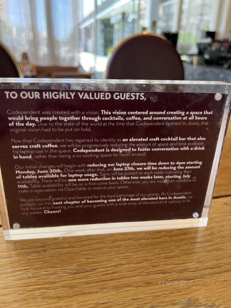 Codependent Cocktails + Coffee - Austin, TX menu_pic