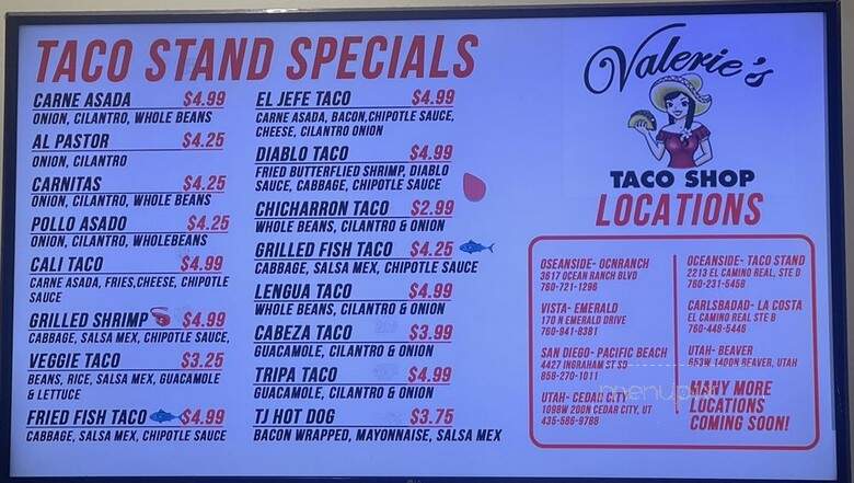 Valerie's taco shop - Oceanside, CA menu_pic
