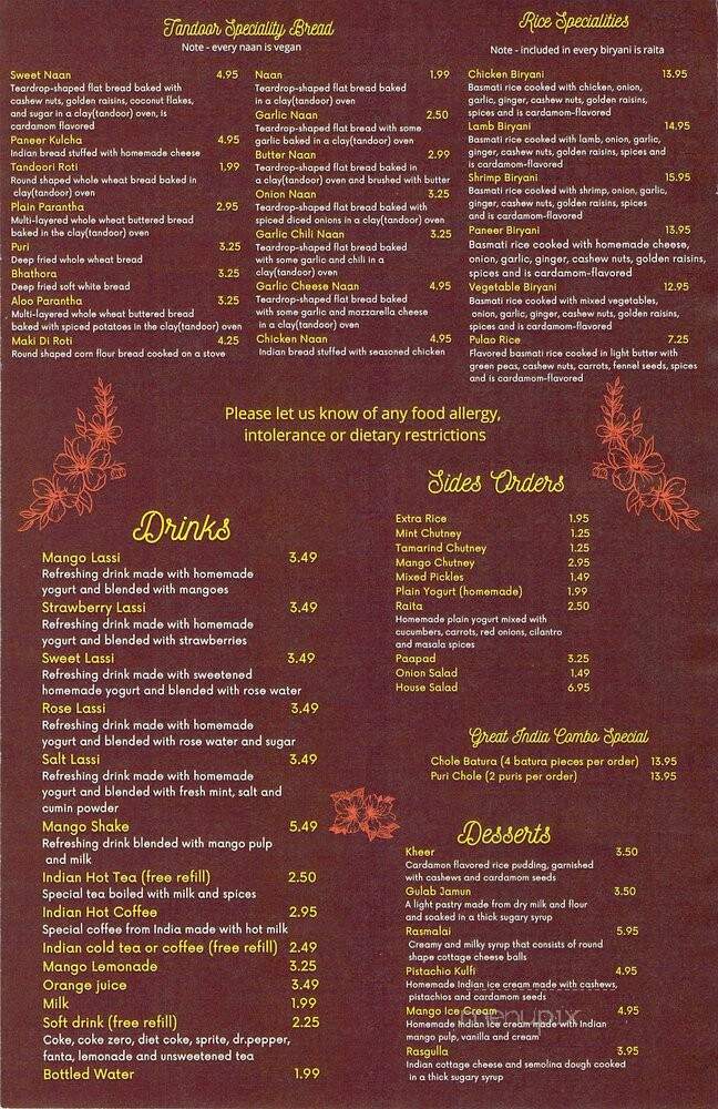 Great India - Midvale, UT menu_pic