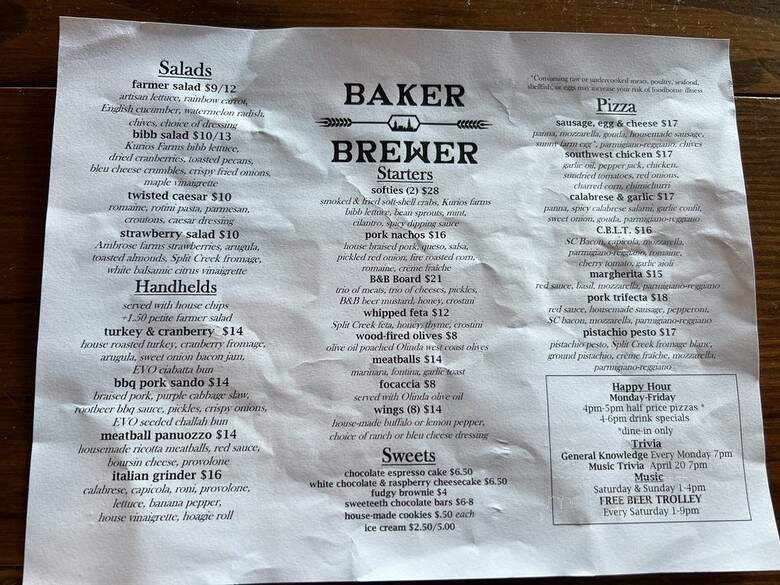 Baker & Brewer - Charleston, SC menu_pic