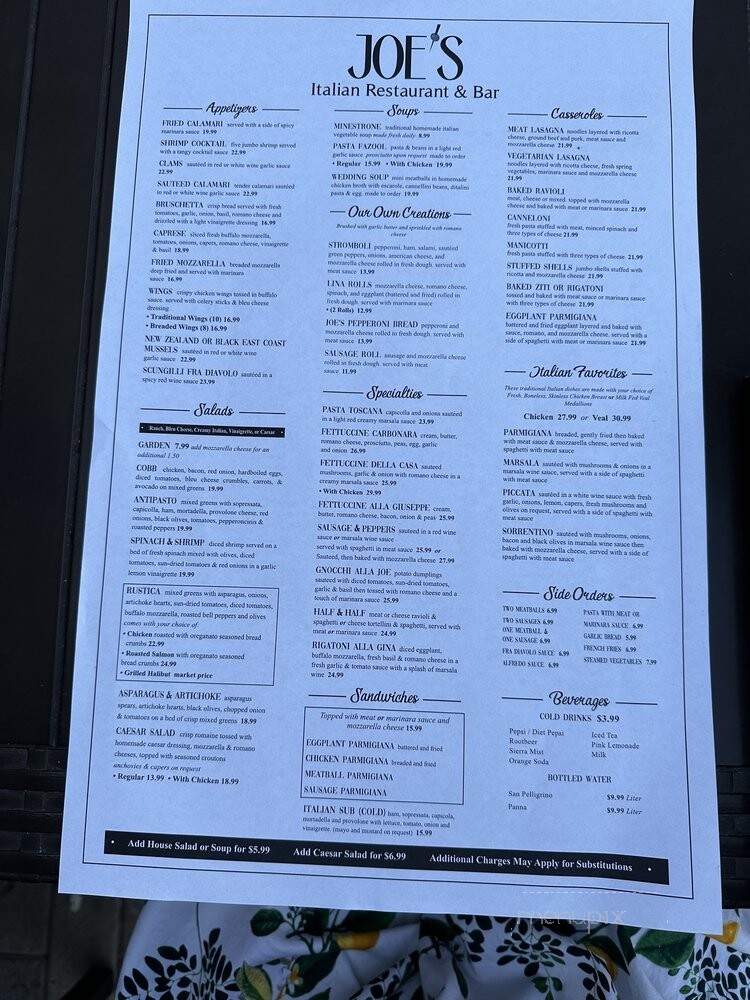 Joe's Italian Restaurant & Bar - Ladera Ranch, CA menu_pic