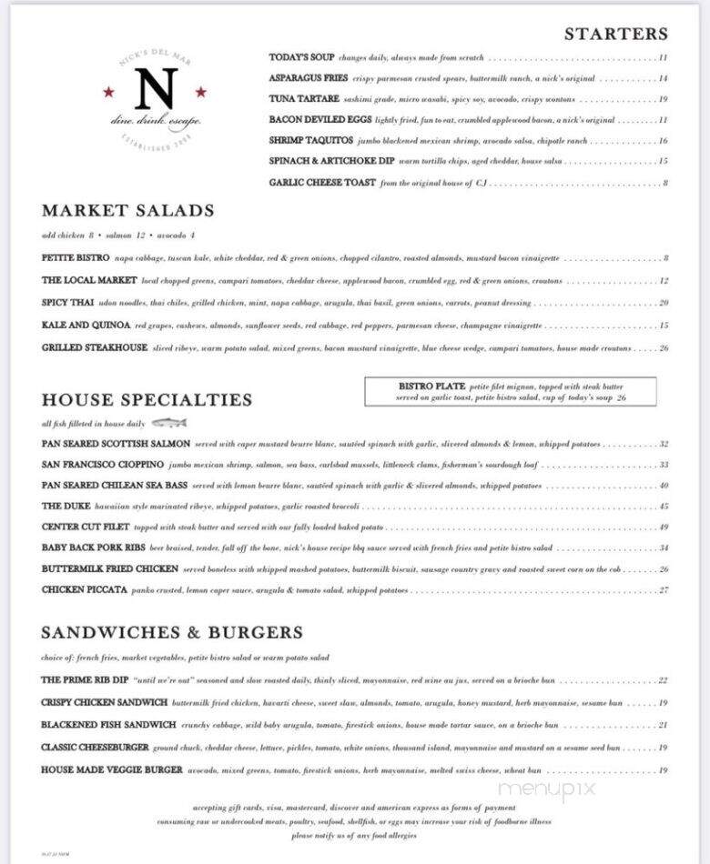 Nick's Del Mar - Del Mar, CA menu_pic