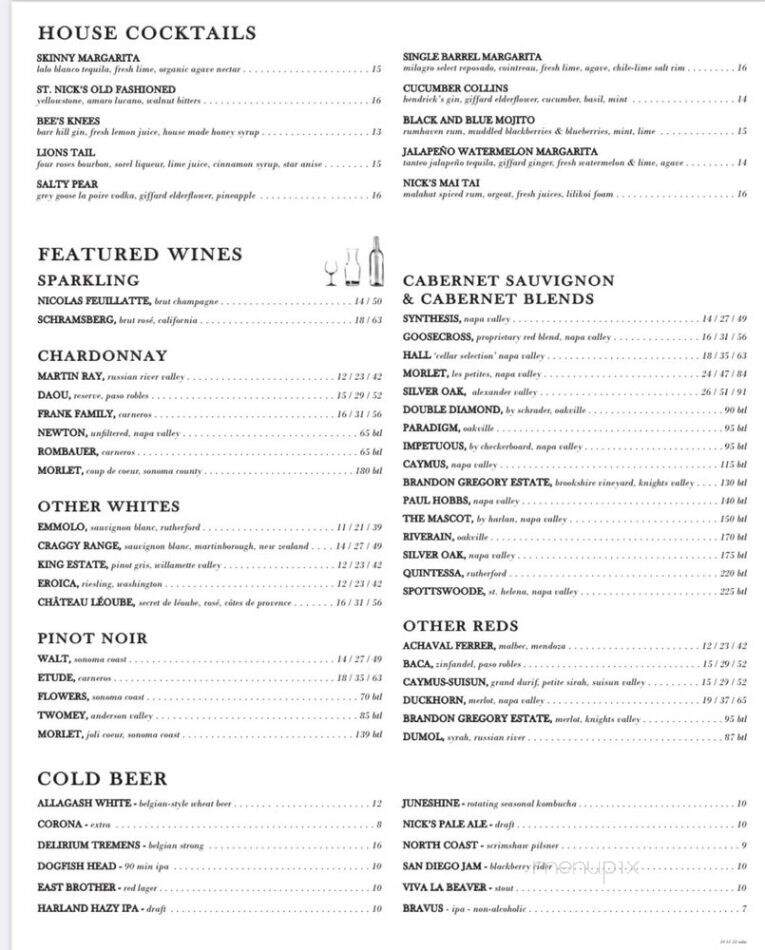 Nick's Del Mar - Del Mar, CA menu_pic