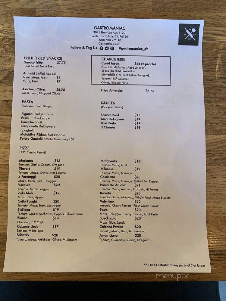 Gastromaniac Homemade Pasta & Pizza - South Lake Tahoe, CA menu_pic