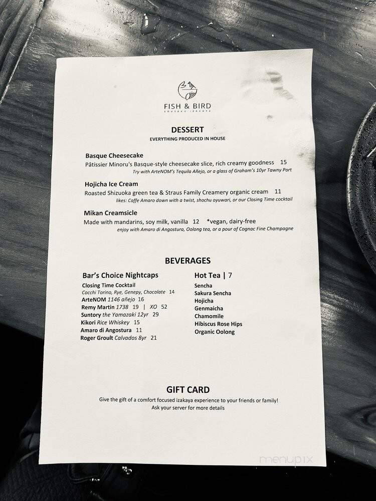 Fish & Bird Sousaku Izakaya - Berkeley, CA menu_pic