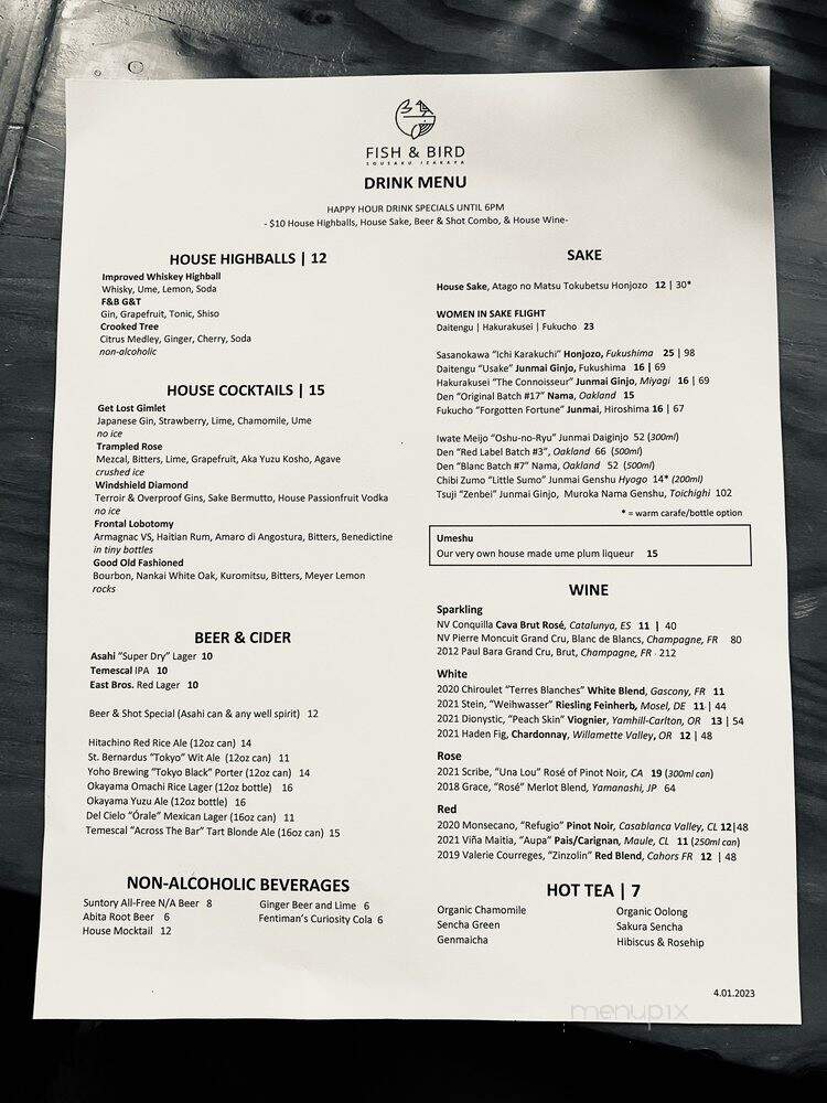 Fish & Bird Sousaku Izakaya - Berkeley, CA menu_pic
