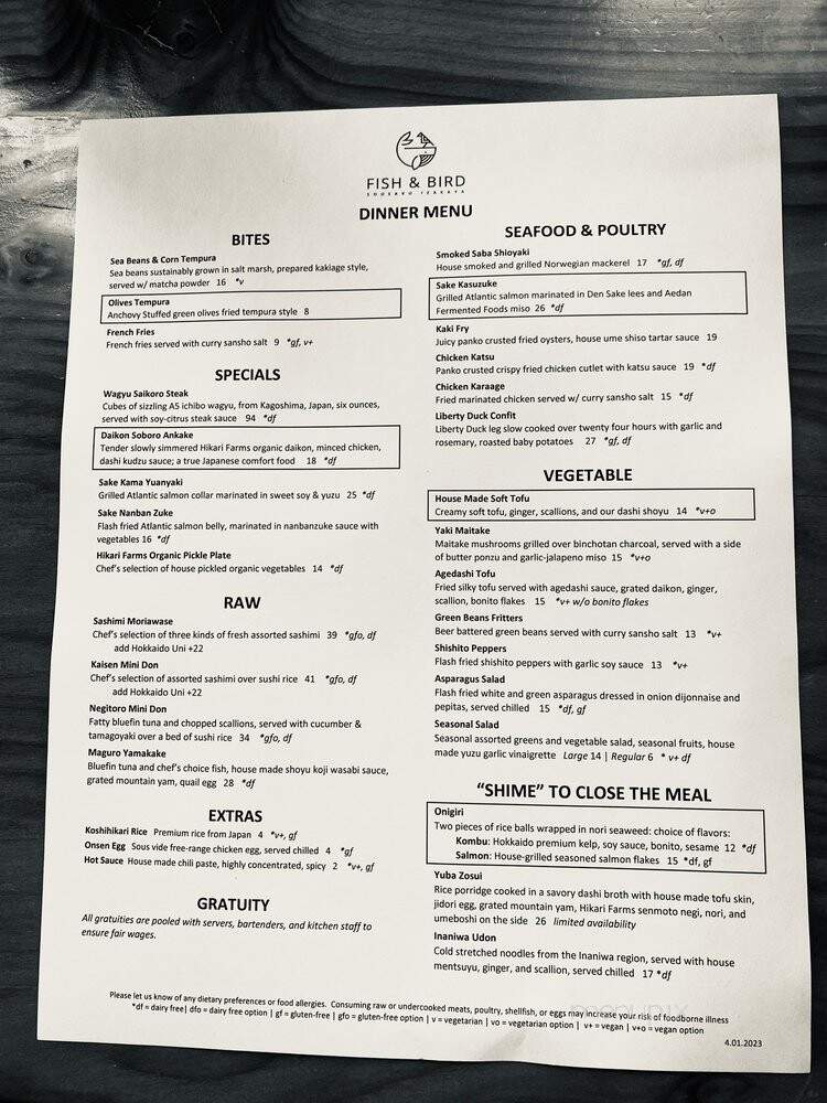 Fish & Bird Sousaku Izakaya - Berkeley, CA menu_pic
