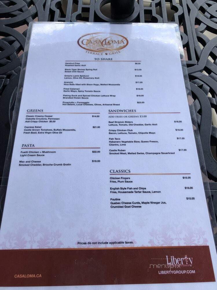 Casa Loma Terrace Grill - Toronto, ON menu_pic