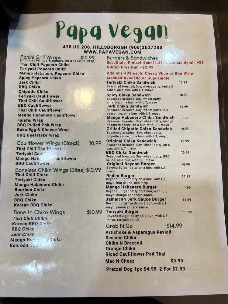 Papa Vegan - Hillsborough Township, NJ menu_pic