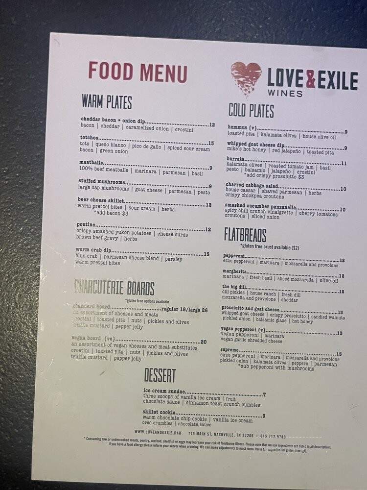 Love and Exile - Nashville, TN menu_pic