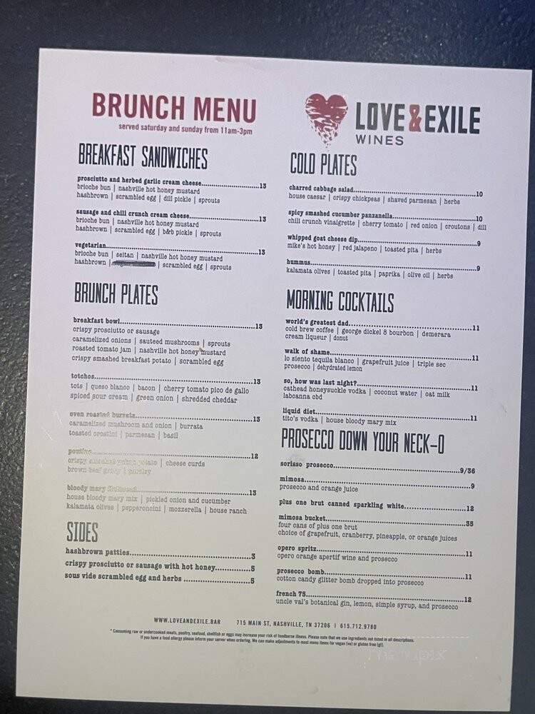 Love and Exile - Nashville, TN menu_pic