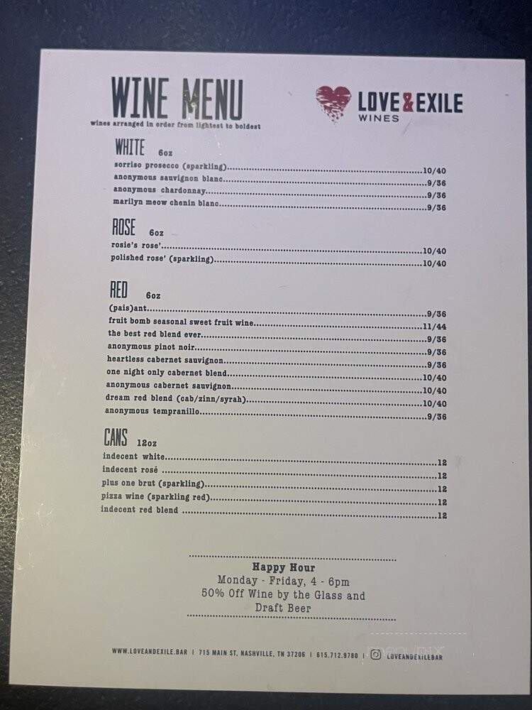 Love and Exile - Nashville, TN menu_pic