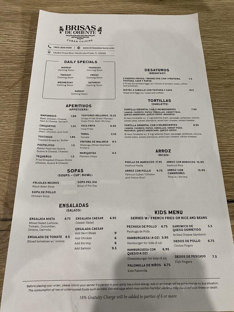 Brisas De Oriente - Miramar, FL menu_pic