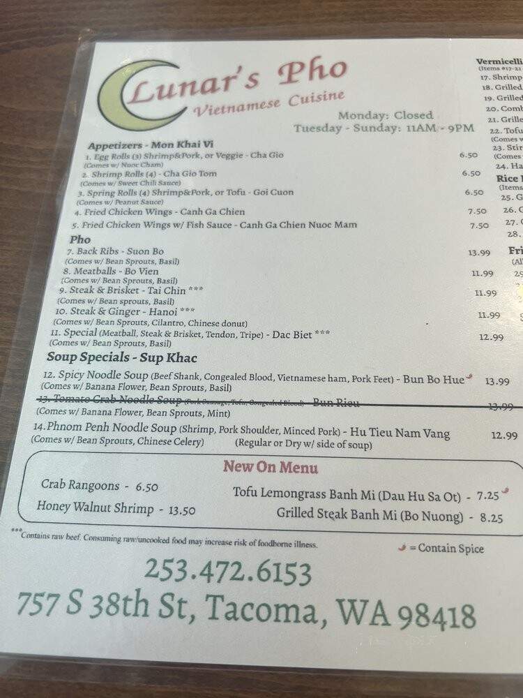 Lunar's Pho - Tacoma, WA menu_pic