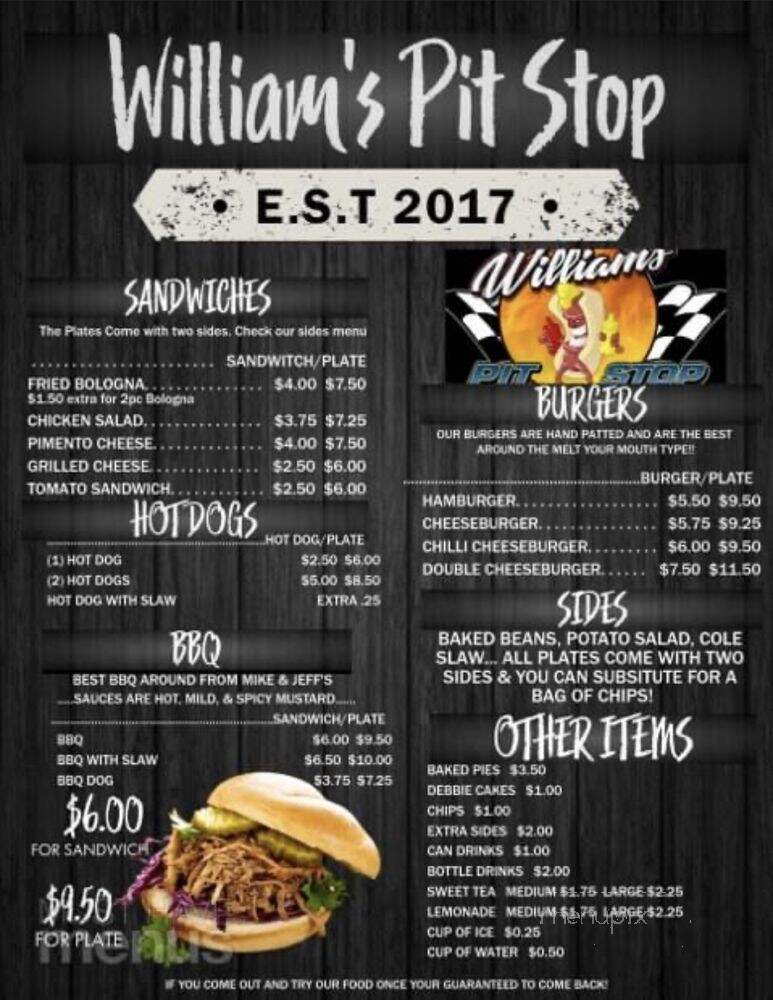Williams Pit Stop - Travelers Rest, SC menu_pic