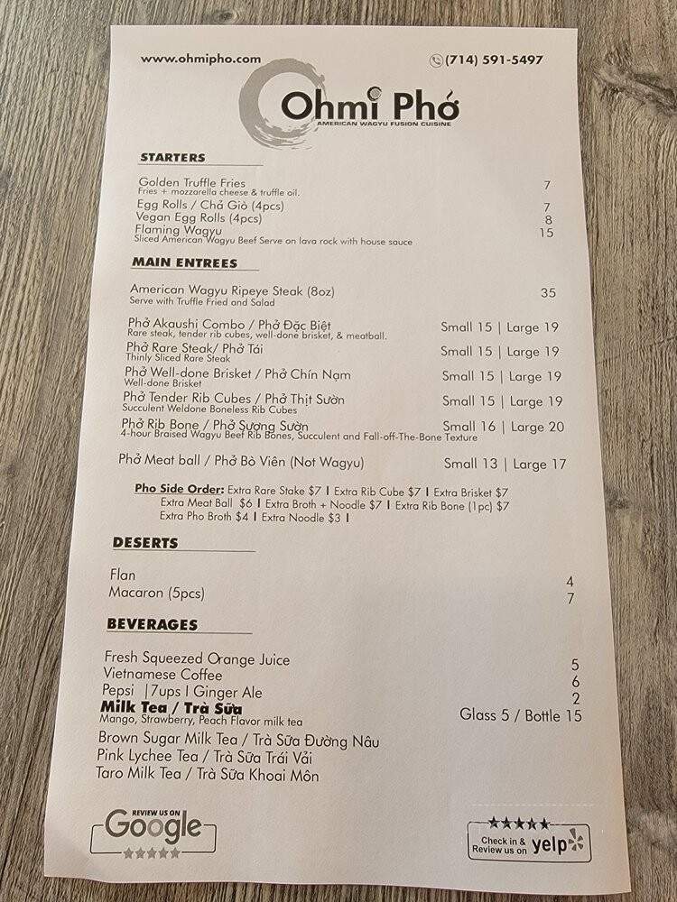 Ohmi Pho - Garden Grove, CA menu_pic