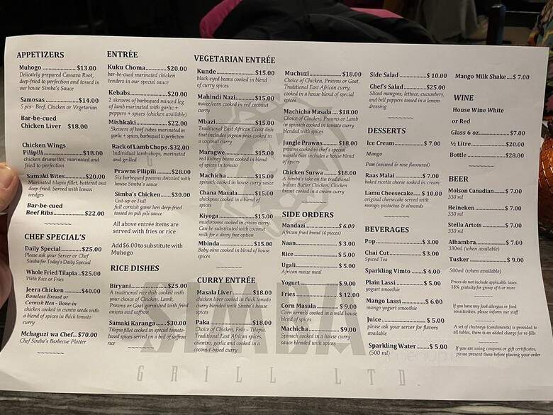 Simba's Grill - Burnaby, BC menu_pic