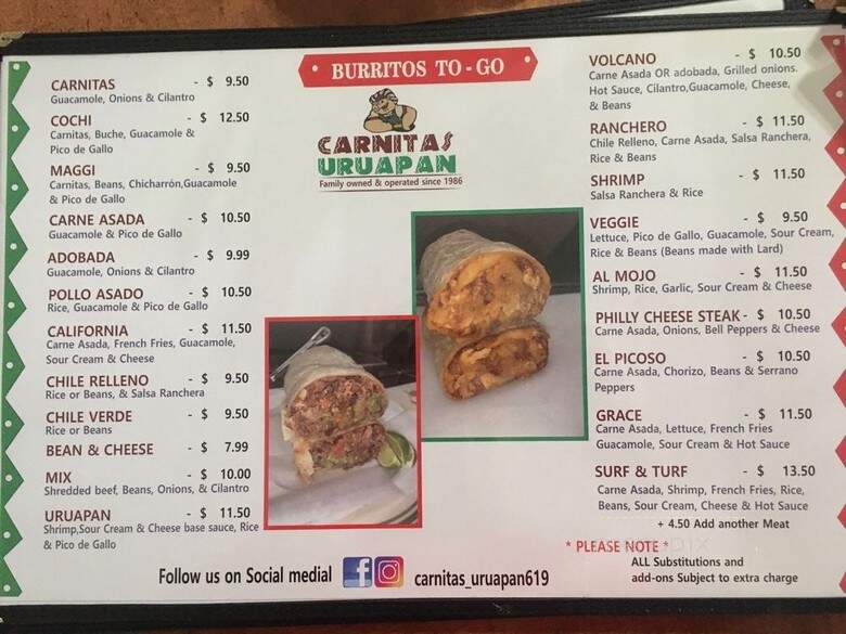Carnitas Uruapan Family Restaurant - San Diego, CA menu_pic