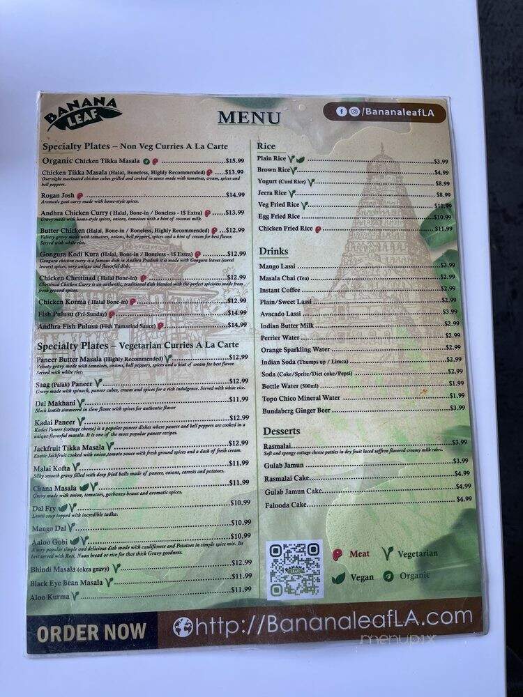 Banana Leaf Indian Restaurant - Culver City, CA menu_pic