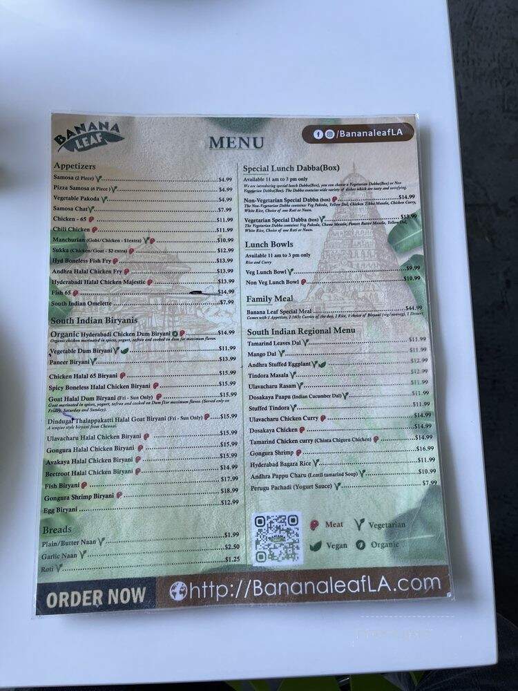 Banana Leaf Indian Restaurant - Culver City, CA menu_pic