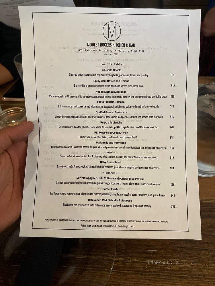 Modest Rogers Kitchen & Bar - Dallas, TX menu_pic