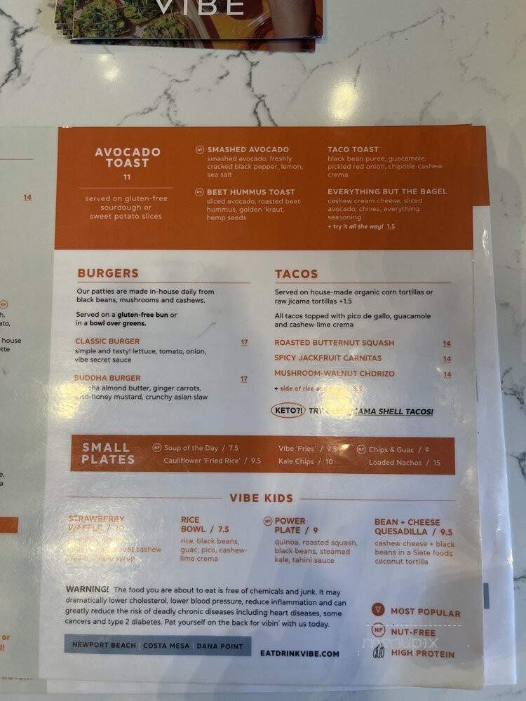 Vibe Organic Kitchen & Juice - Costa Mesa, CA menu_pic