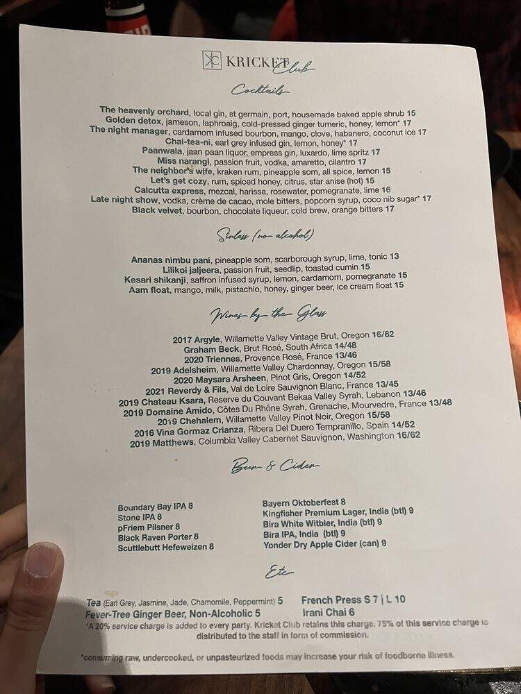 Kricket Club - Seattle, WA menu_pic