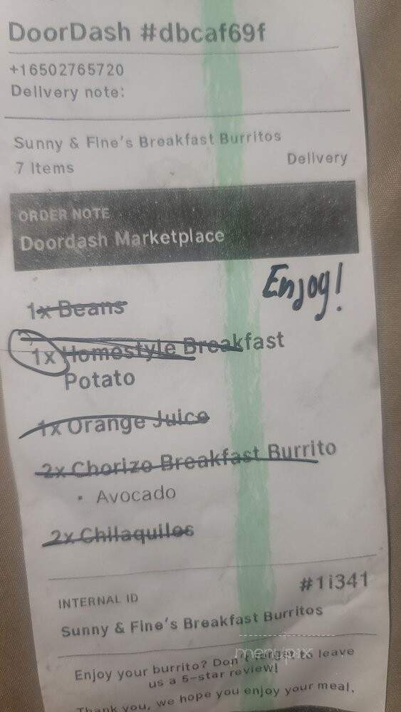 Sunny & Fine's Breakfast Burritos - Rancho Cucamonga, CA menu_pic