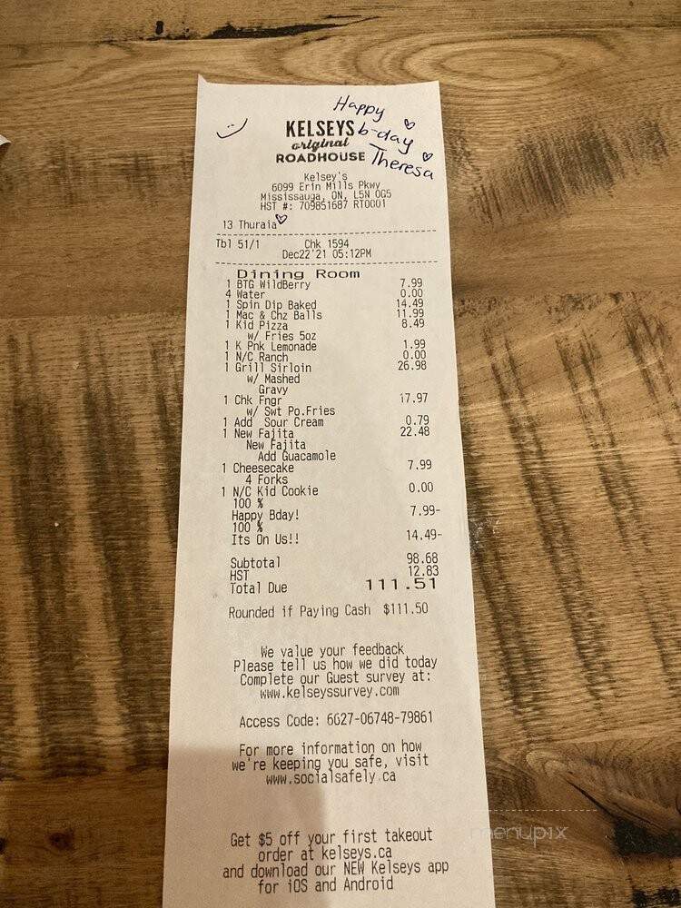 Kelseys - Mississauga, ON menu_pic