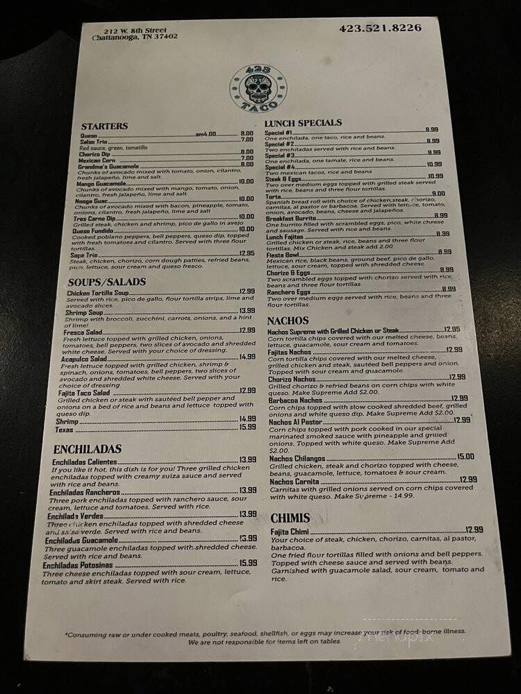 423 Taco - Chattanooga, TN menu_pic
